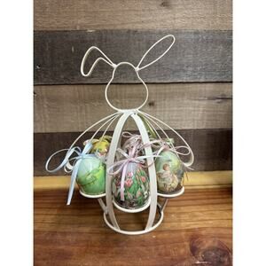 Easter Bunny Metal Egg Holder (Holds 6 Eggs) 10.5" In Box With Decorative Eggs